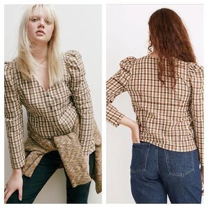 Madewell Westover Button Front V Neck Puff Sleeve Top White Mustard Plaid Size 4